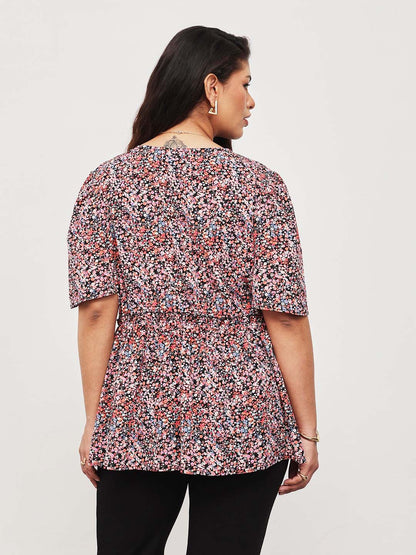 Black Multi Ditsy Floral V-Neck Peplum Top