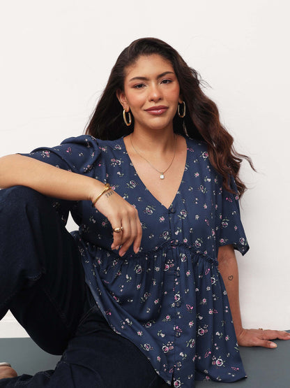 Navy Ditsy Floral V-Neck Peplum Top