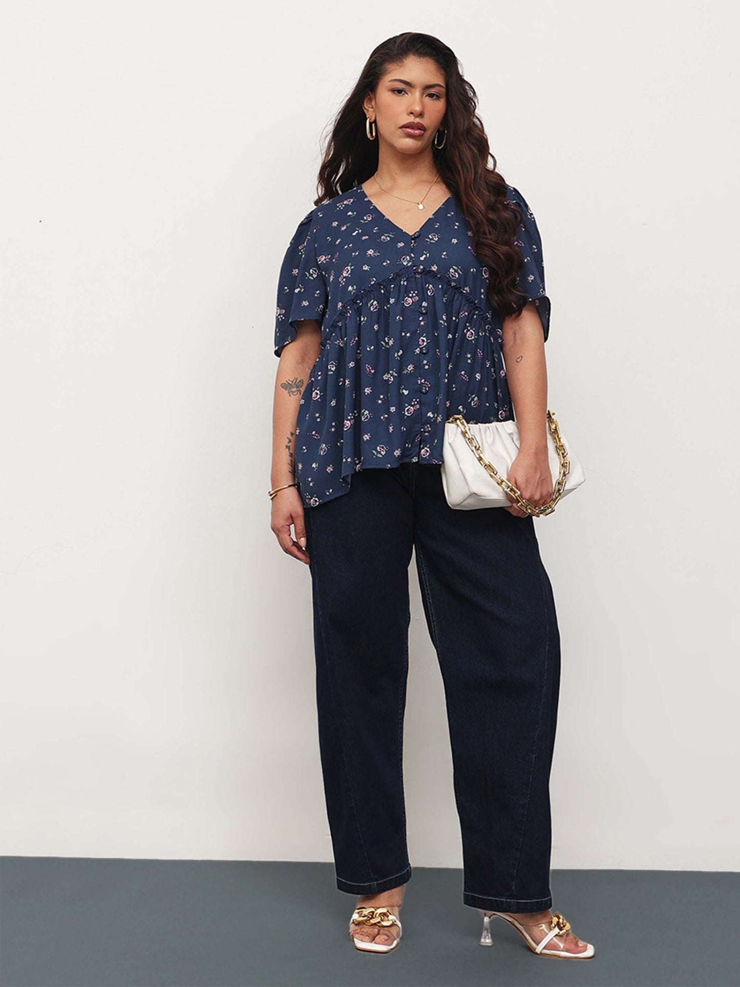 Navy Ditsy Floral V-Neck Peplum Top
