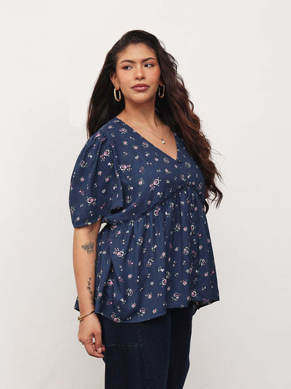 Navy Ditsy Floral V-Neck Peplum Top