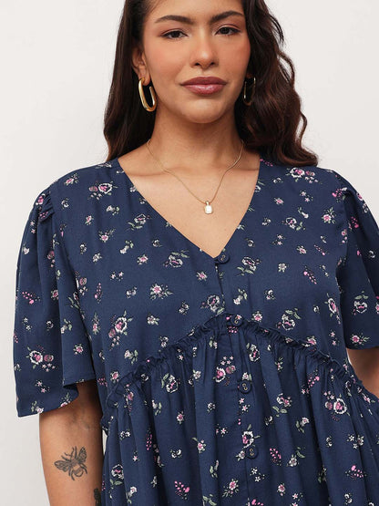 Navy Ditsy Floral V-Neck Peplum Top