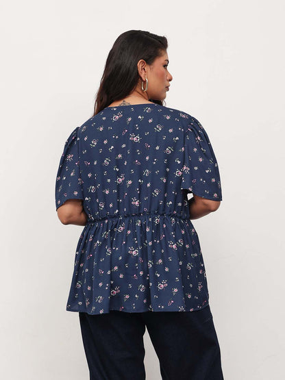 Navy Ditsy Floral V-Neck Peplum Top