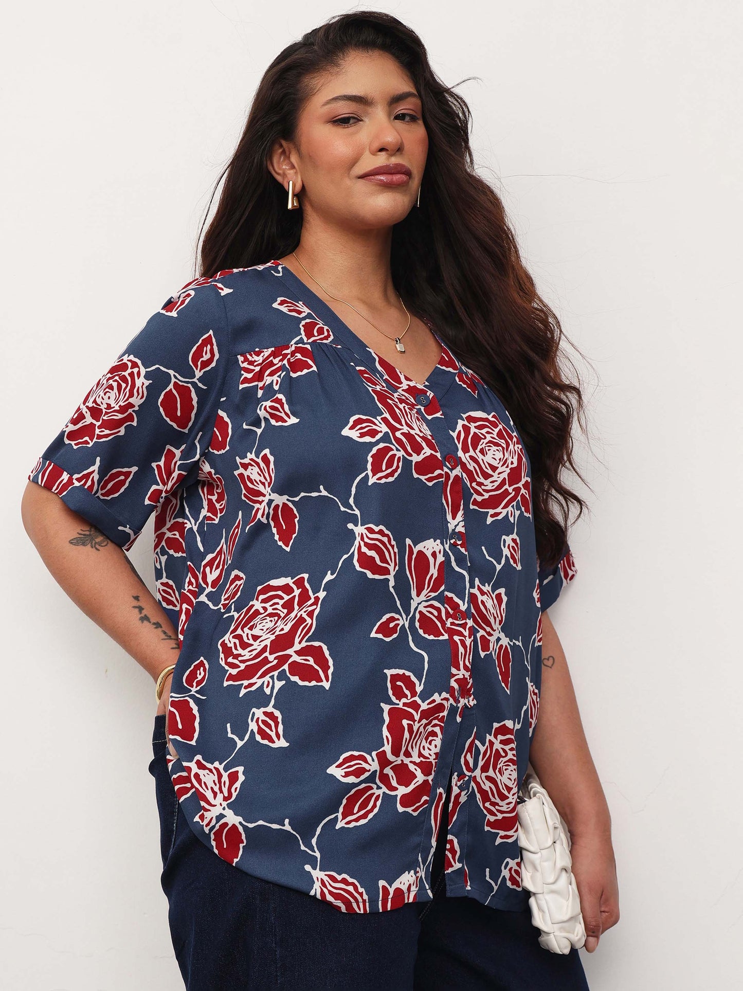 Blue & Red Floral V-Neck Button Down Top