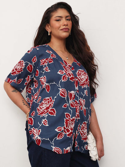 Blue & Red Floral V-Neck Button Down Top