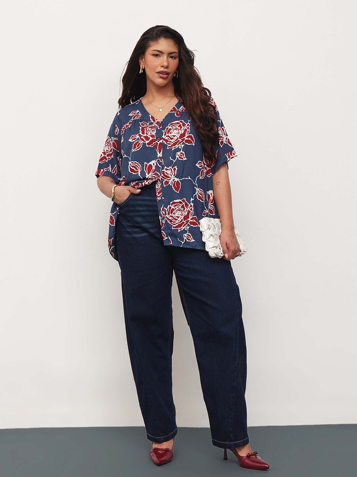 Blue & Red Floral V-Neck Button Down Top
