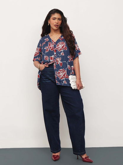 Blue & Red Floral V-Neck Button Down Top