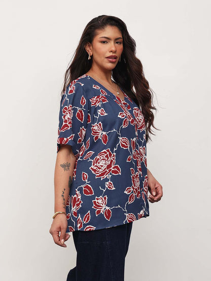 Blue & Red Floral V-Neck Button Down Top