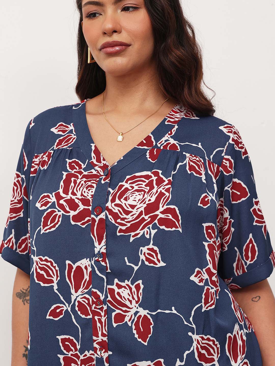 Blue & Red Floral V-Neck Button Down Top