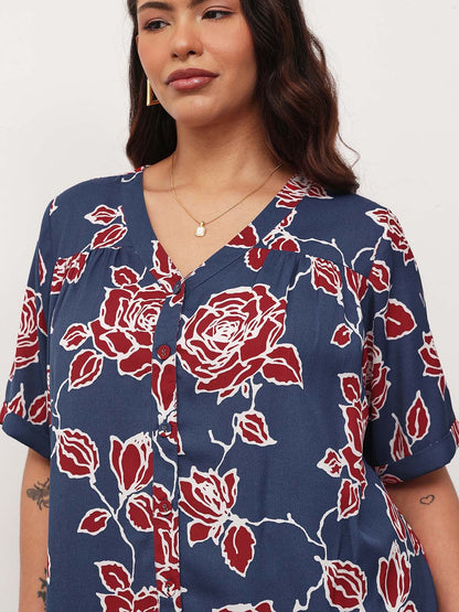 Blue & Red Floral V-Neck Button Down Top