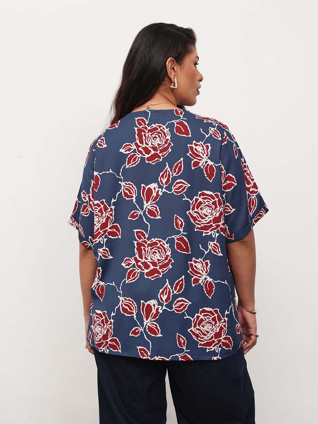 Blue & Red Floral V-Neck Button Down Top