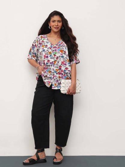 White Multi Floral V-Neck Button Down Top