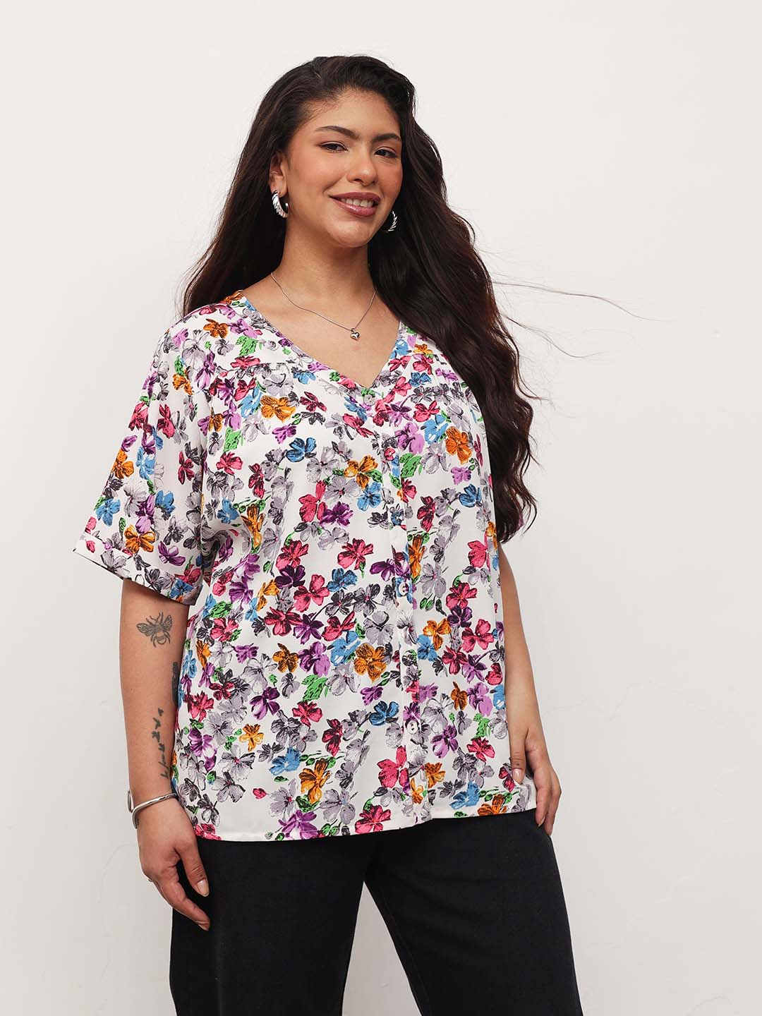 White Multi Floral V-Neck Button Down Top