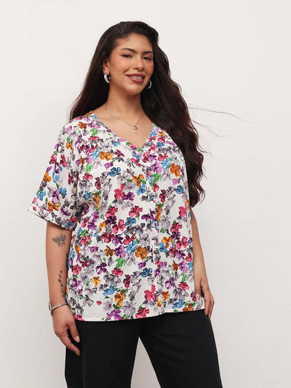 White Multi Floral V-Neck Button Down Top