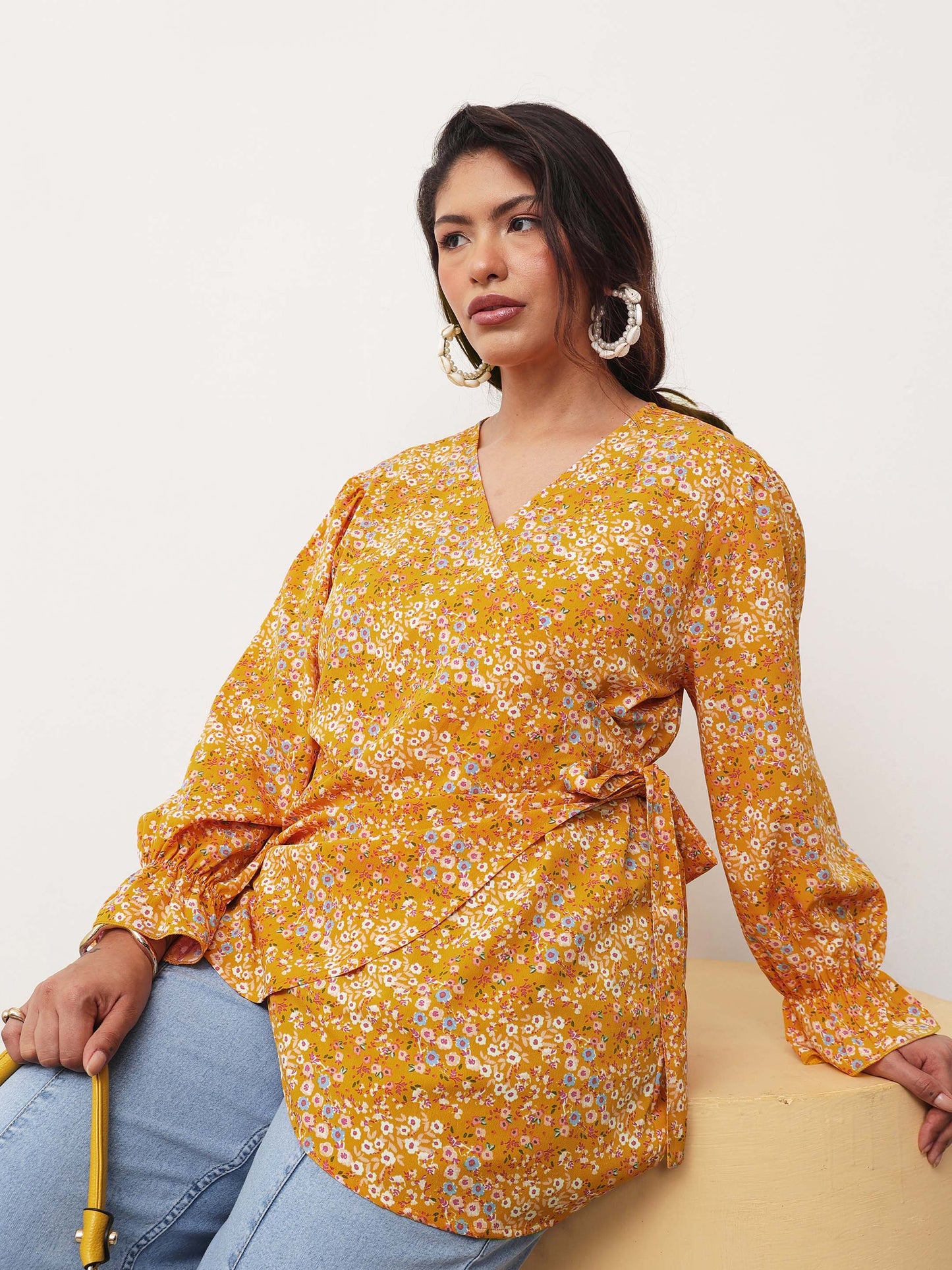 Yellow Ditsy Floral Side Knot Wrap Top