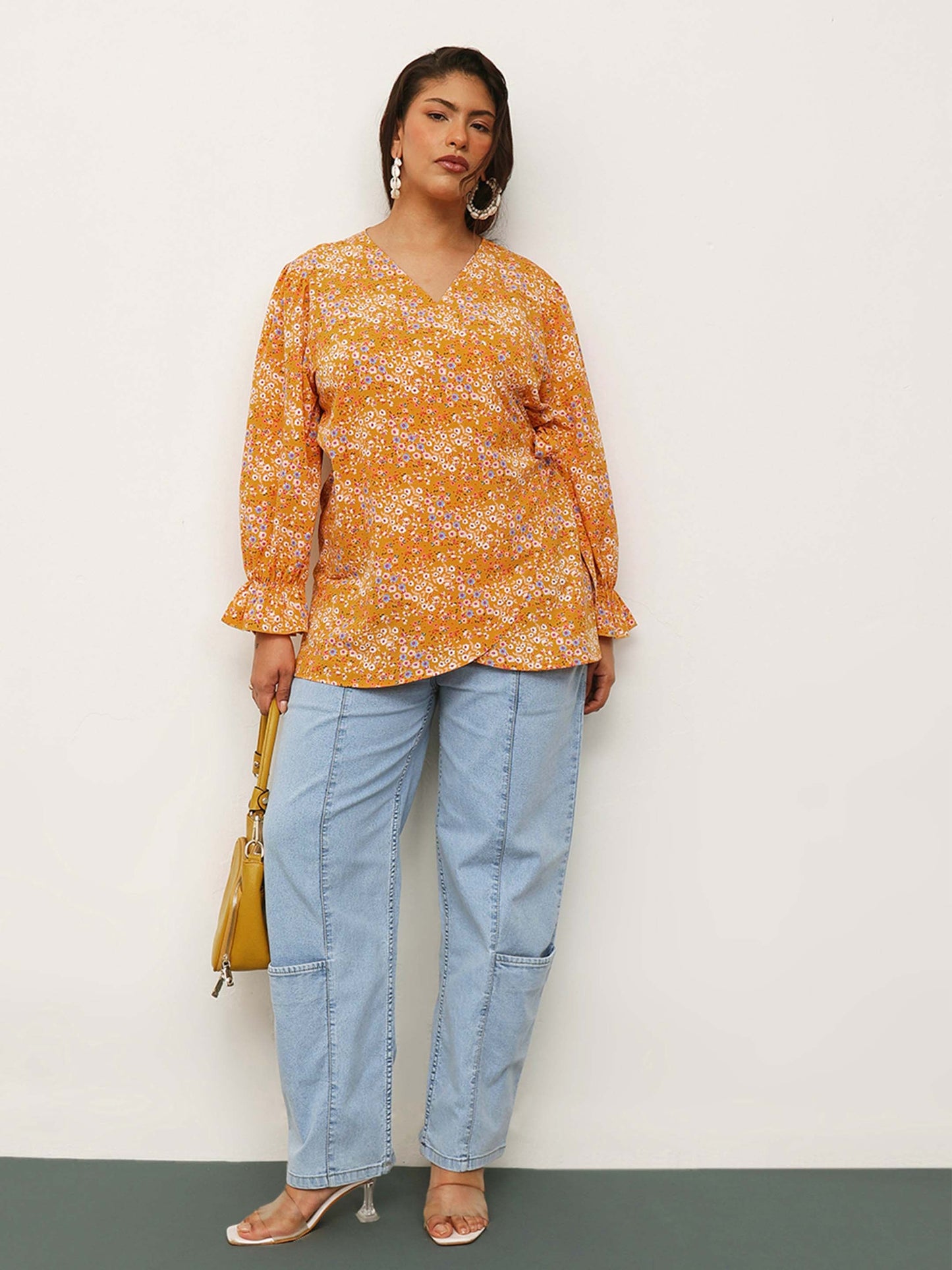 Yellow Ditsy Floral Side Knot Wrap Top