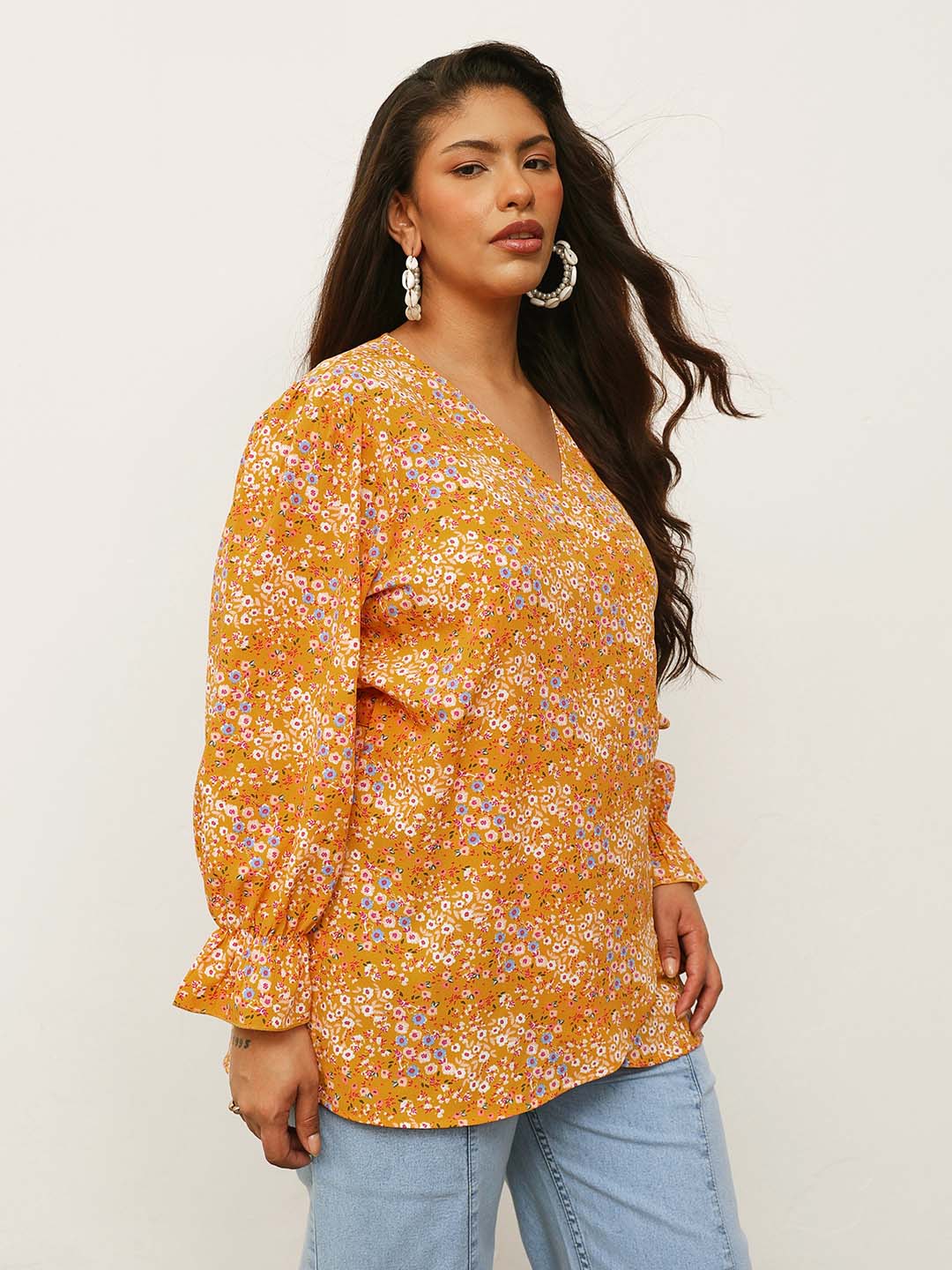 Yellow Ditsy Floral Side Knot Wrap Top