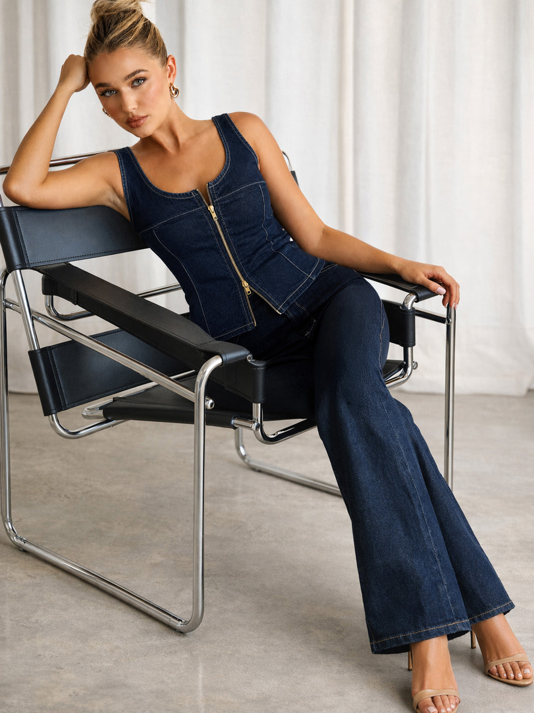 Navy Denim Front Zipper Vest Top