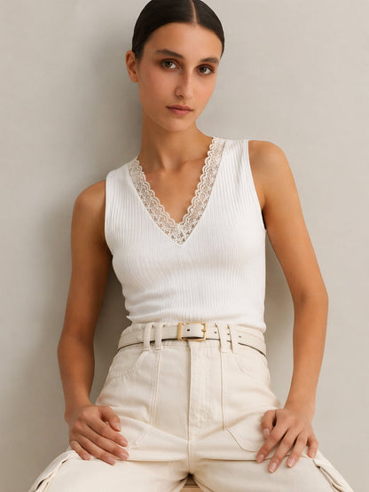 Off-White Rib Sleeveless V-Neck Top