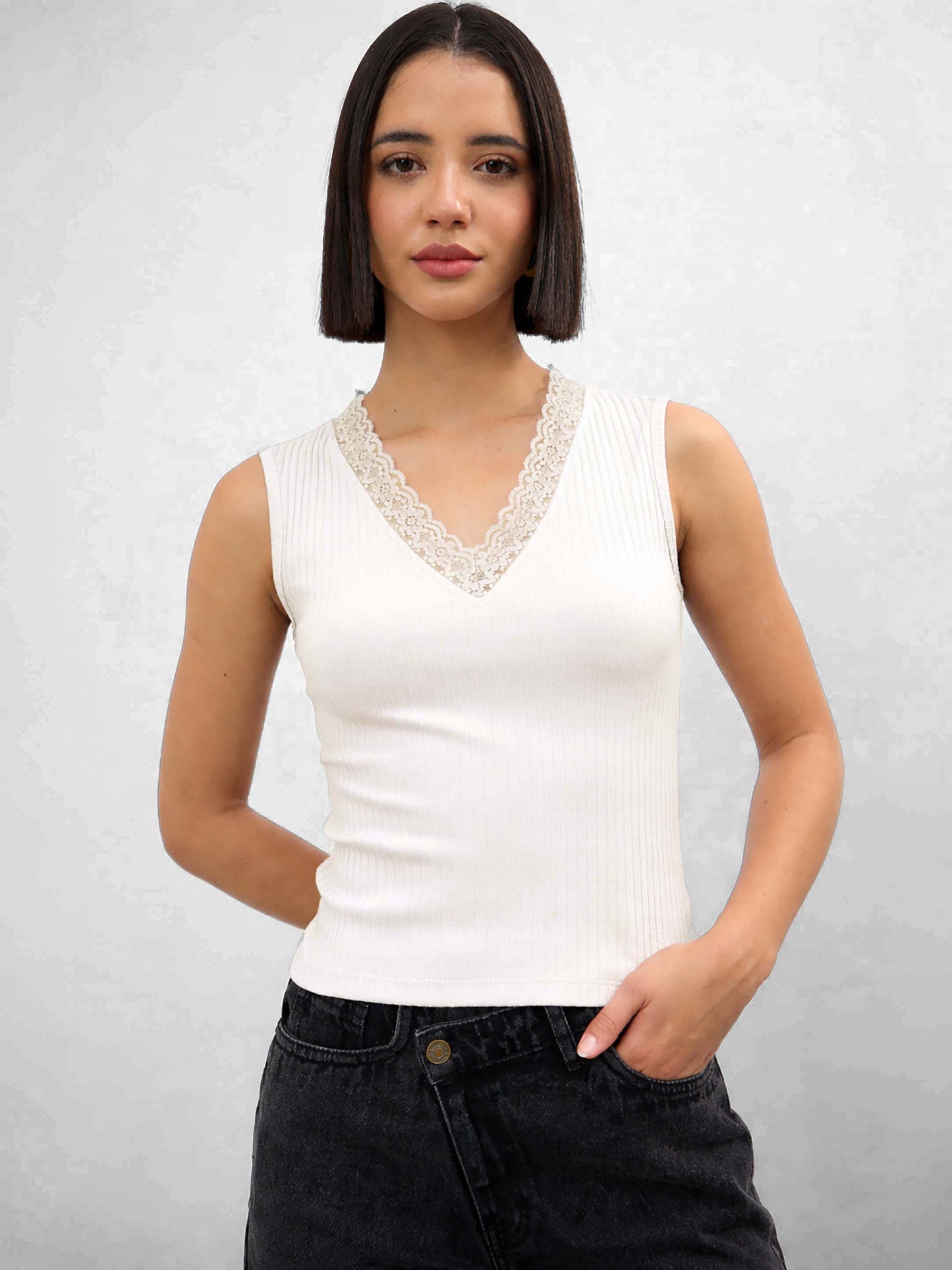 Off-White Rib Sleeveless V-Neck Top
