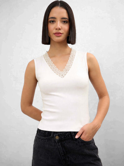 Off-White Rib Sleeveless V-Neck Top