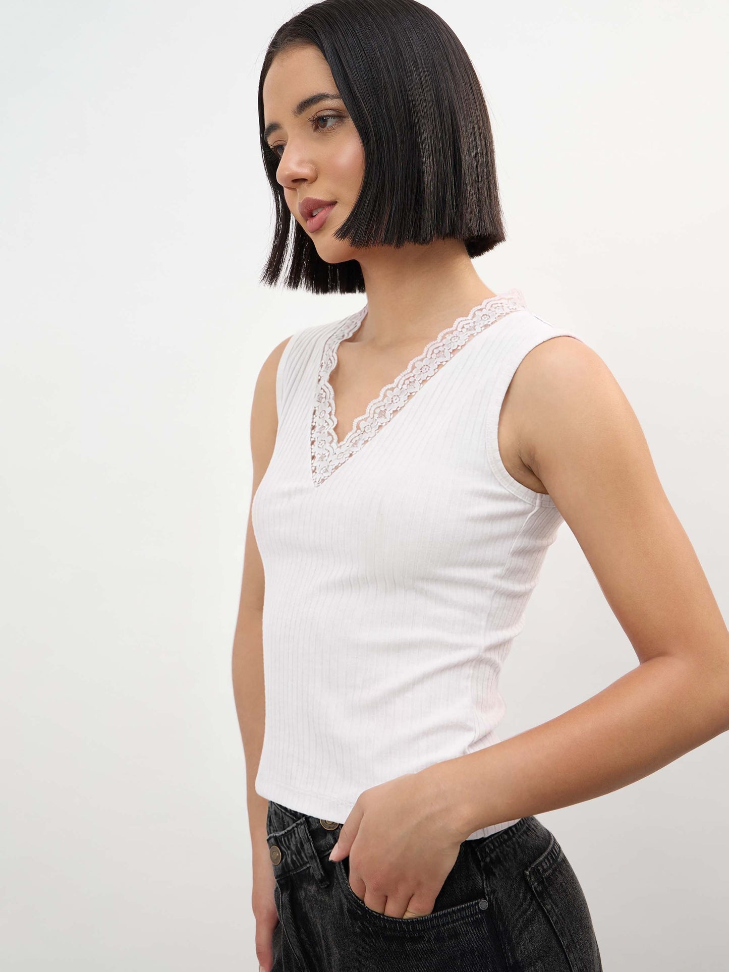 Off-White Rib Sleeveless V-Neck Top