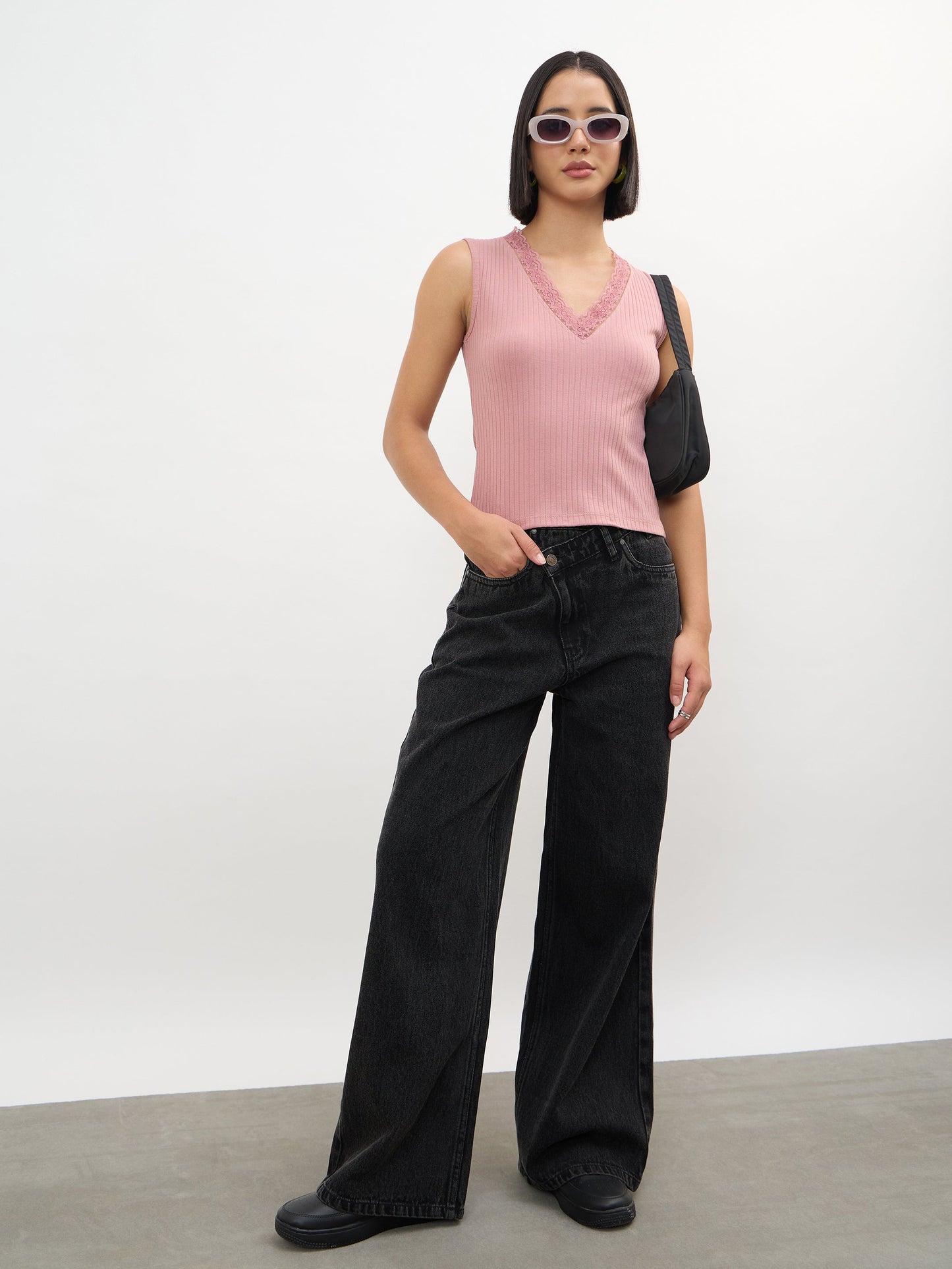 Pink Rib Sleeveless V-Neck Top