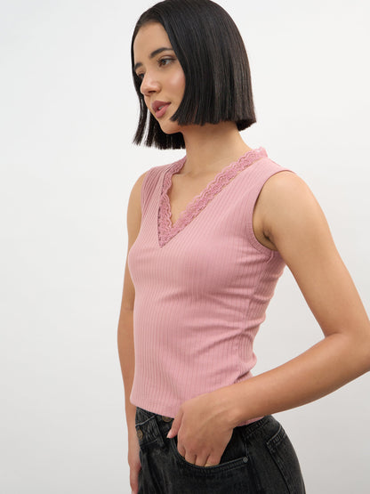 Pink Rib Sleeveless V-Neck Top