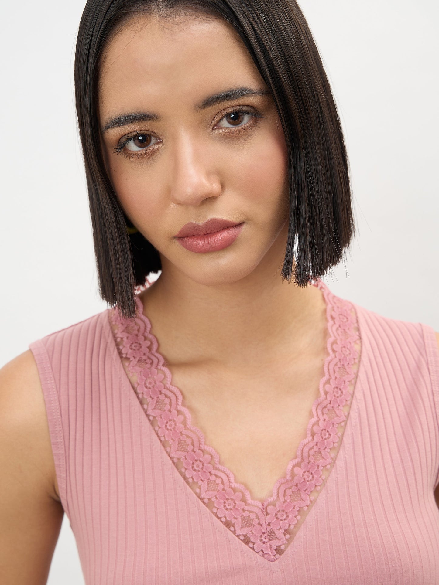 Pink Rib Sleeveless V-Neck Top