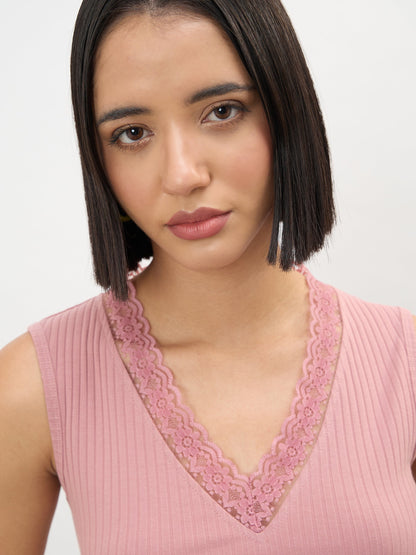 Pink Rib Sleeveless V-Neck Top