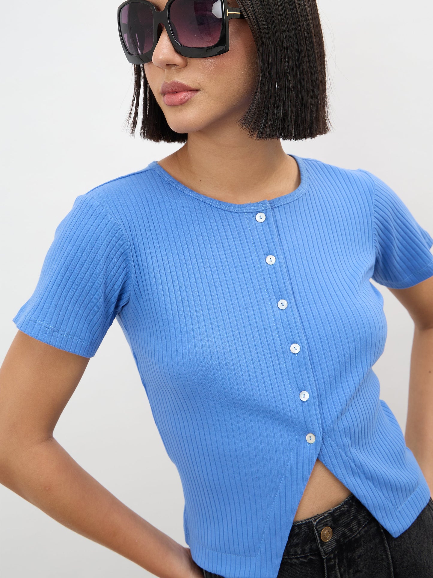Blue Round Neck Button Down Top