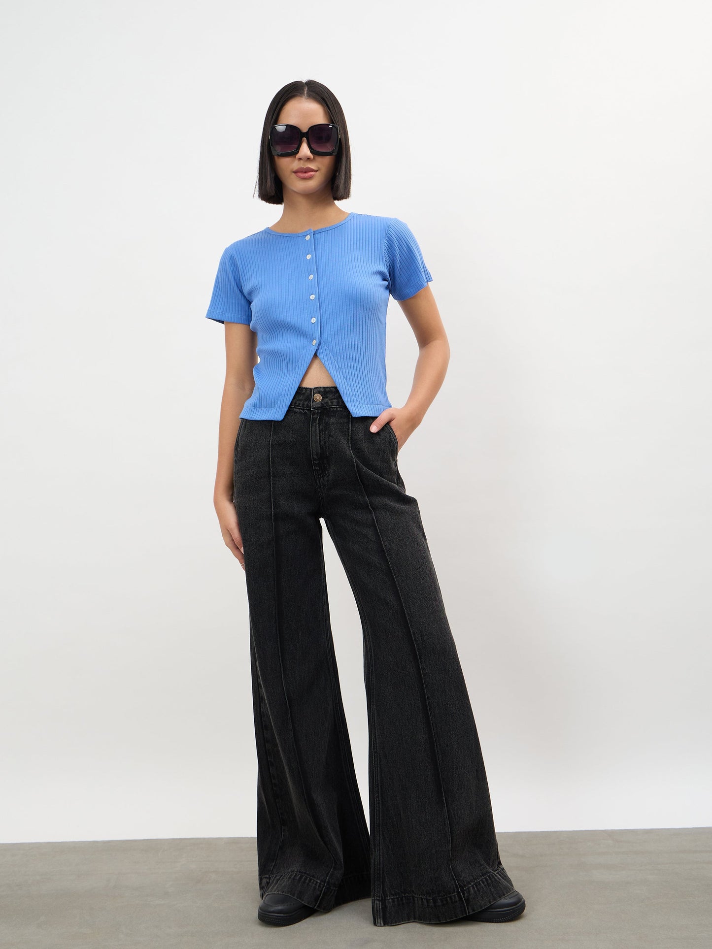 Blue Round Neck Button Down Top