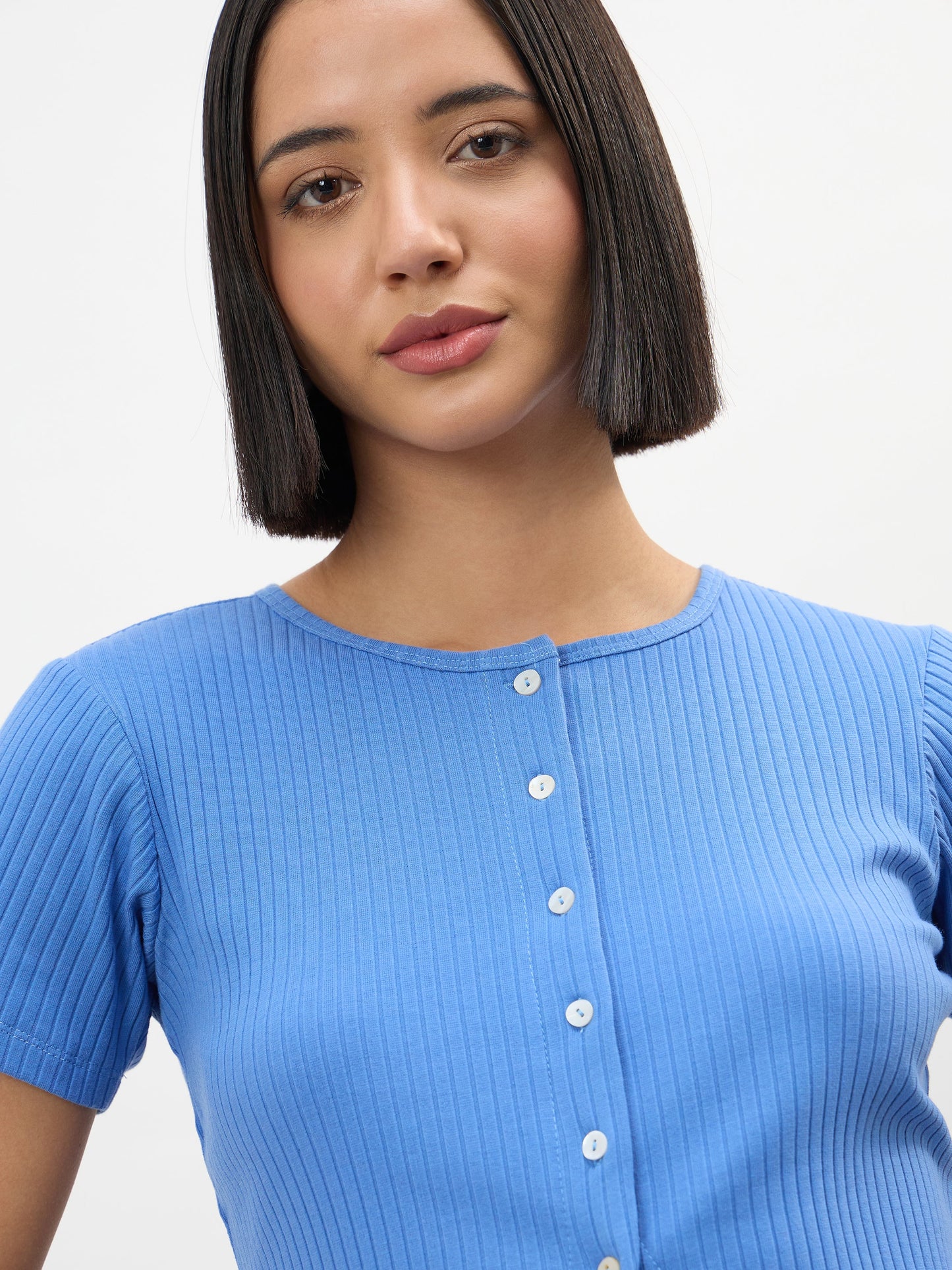 Blue Round Neck Button Down Top