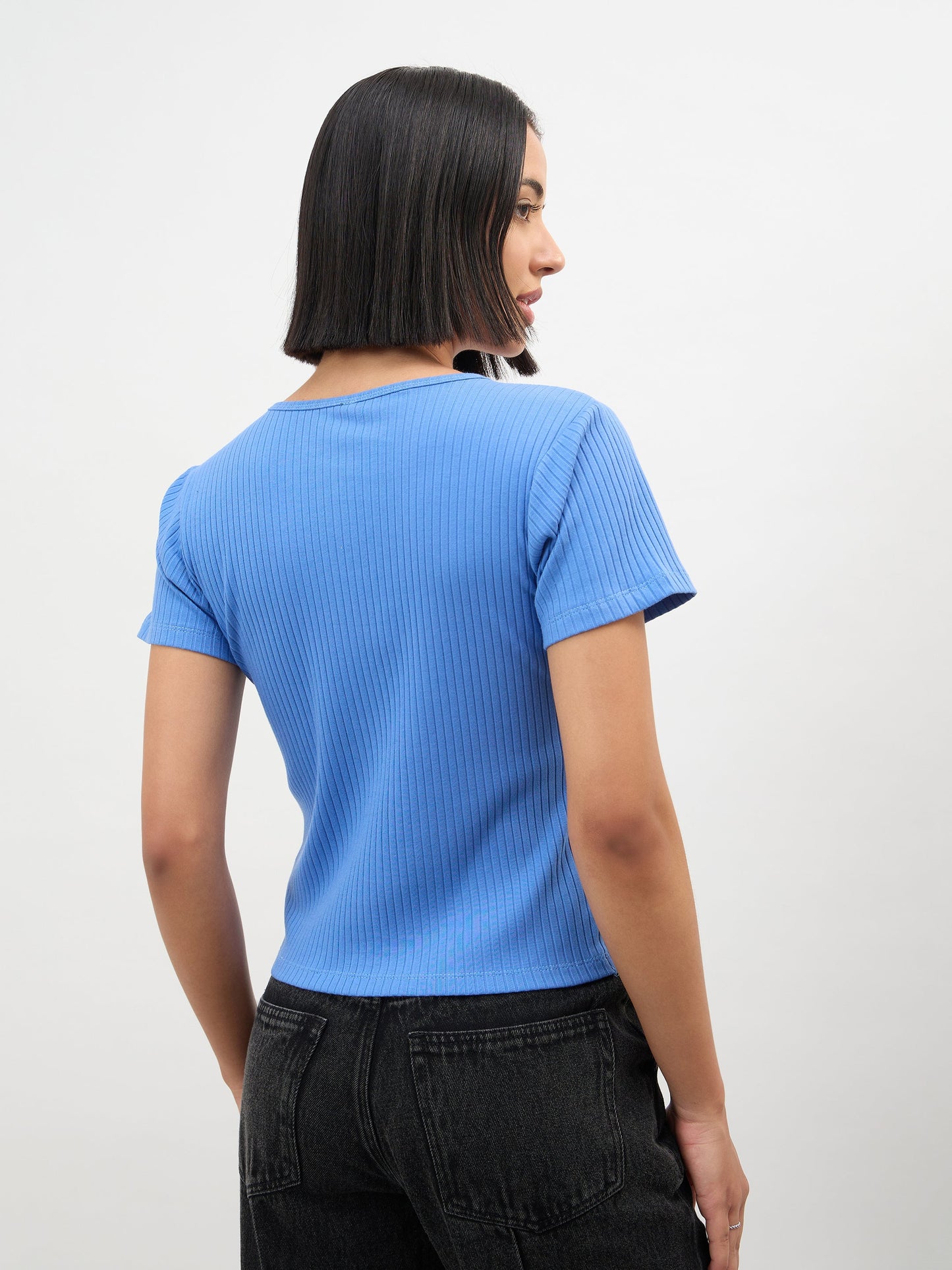 Blue Round Neck Button Down Top