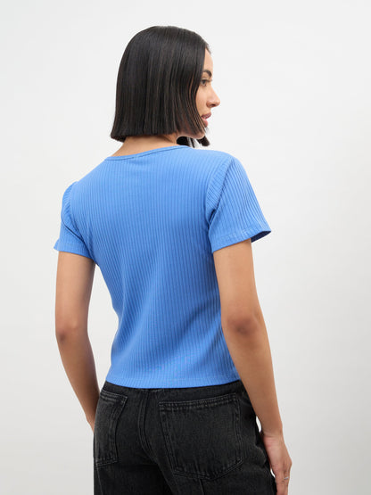 Blue Round Neck Button Down Top