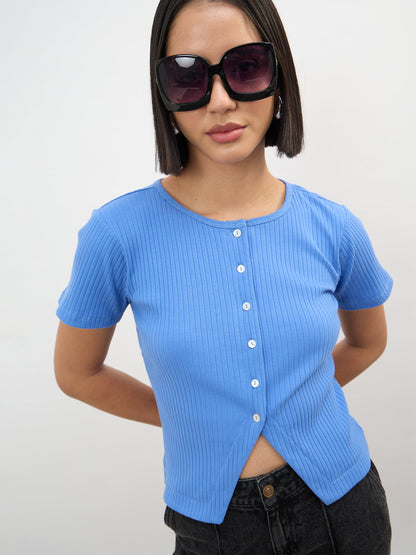 Blue Round Neck Button Down Top