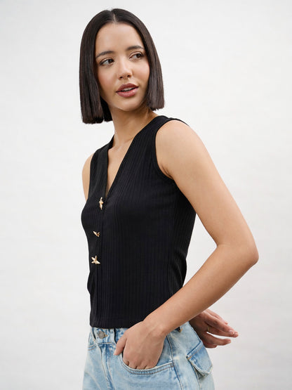 Black V-Neck Sleeveless Regular Top