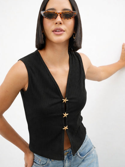 Black V-Neck Sleeveless Regular Top