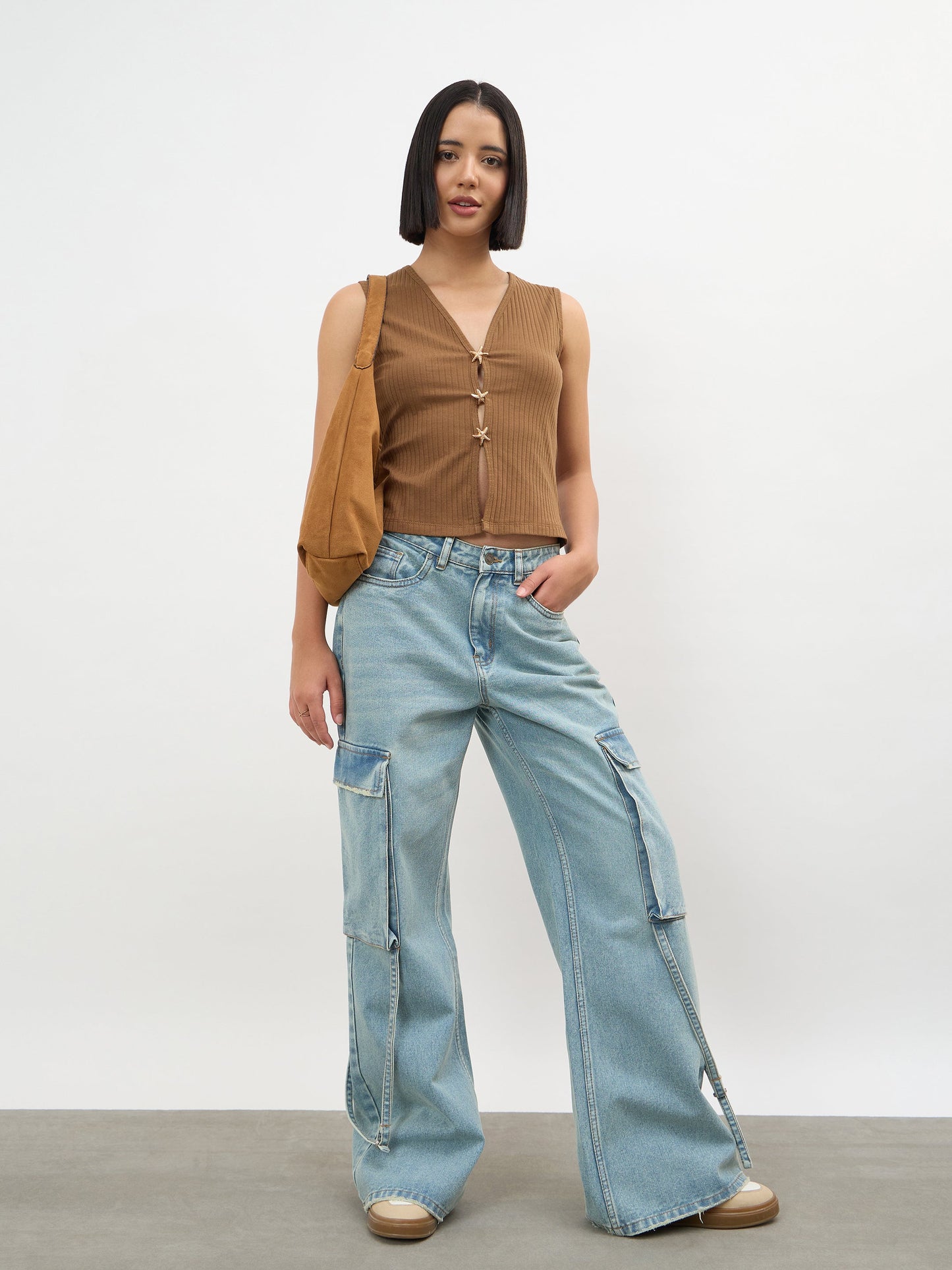 Brown V-Neck Sleeveless Regular Top