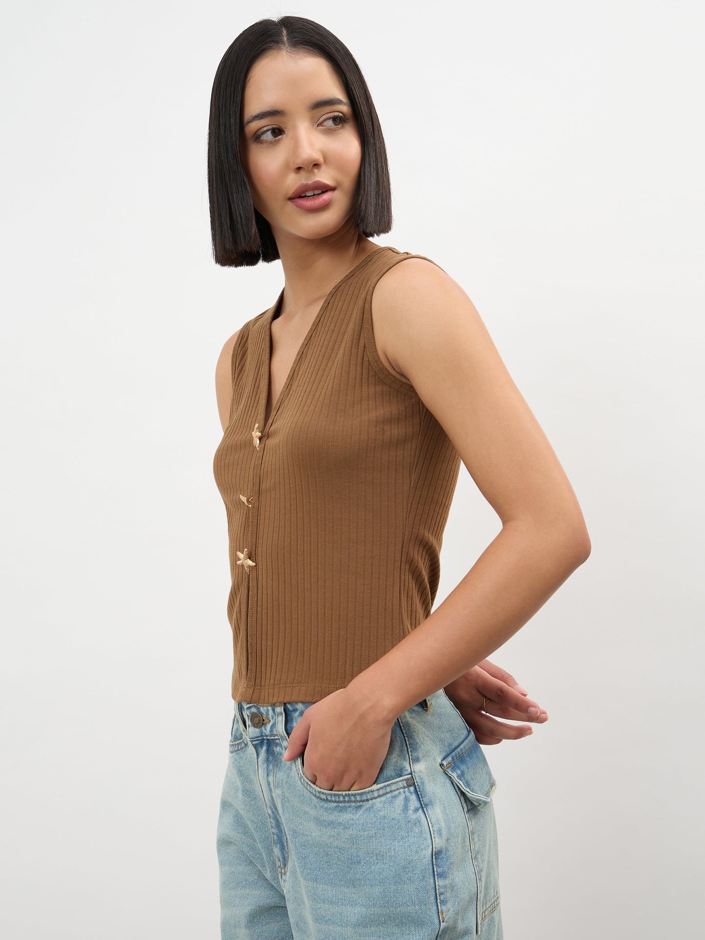 Brown V-Neck Sleeveless Regular Top