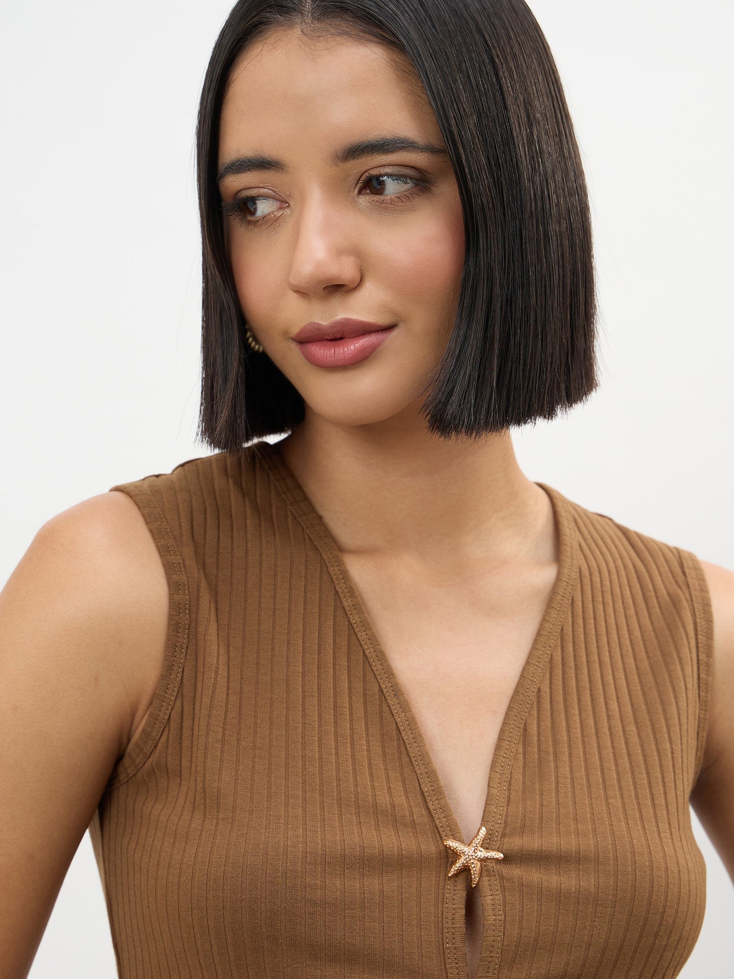 Brown V-Neck Sleeveless Regular Top