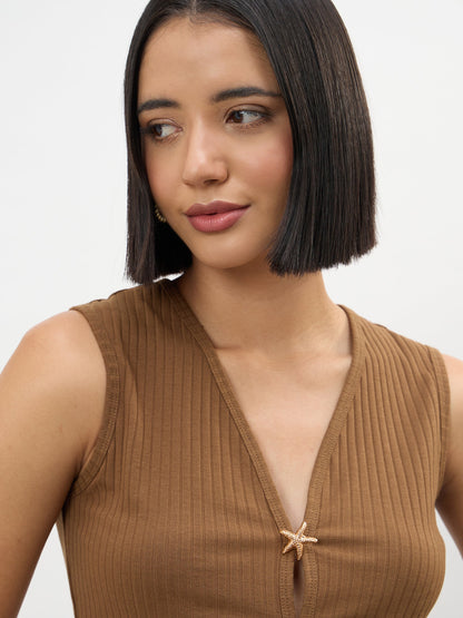 Brown V-Neck Sleeveless Regular Top