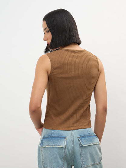 Brown V-Neck Sleeveless Regular Top