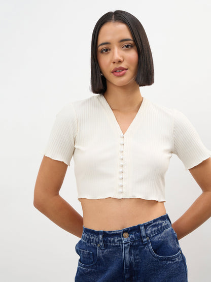 Off-White V-Neck Button Down Crop Top