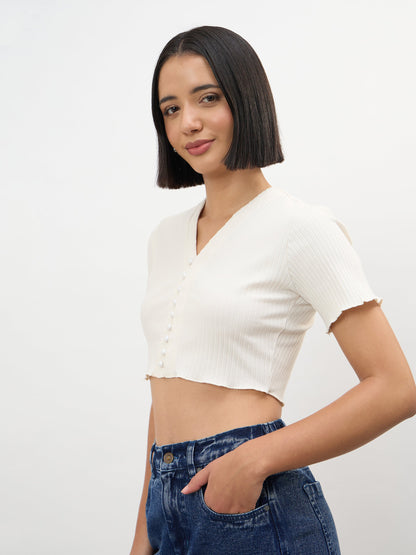 Off-White V-Neck Button Down Crop Top
