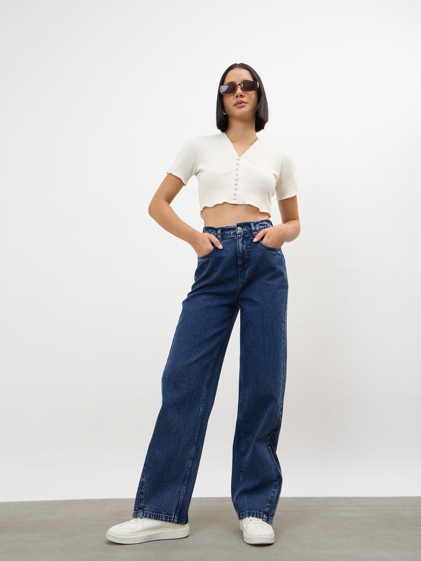 Off-White V-Neck Button Down Crop Top