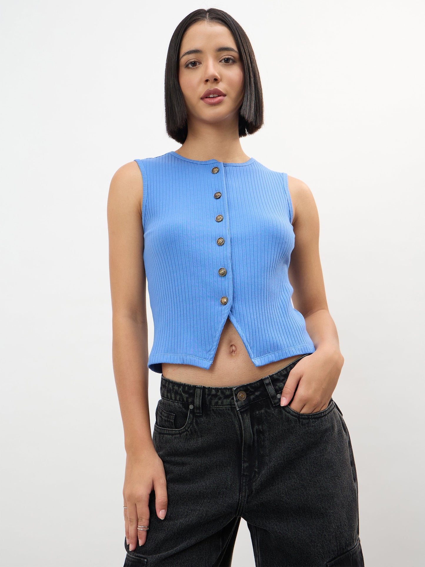 Blue Round Neck Button Down Sleeveless Top