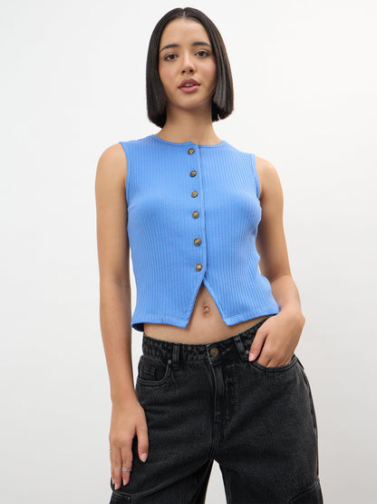 Blue Round Neck Button Down Sleeveless Top