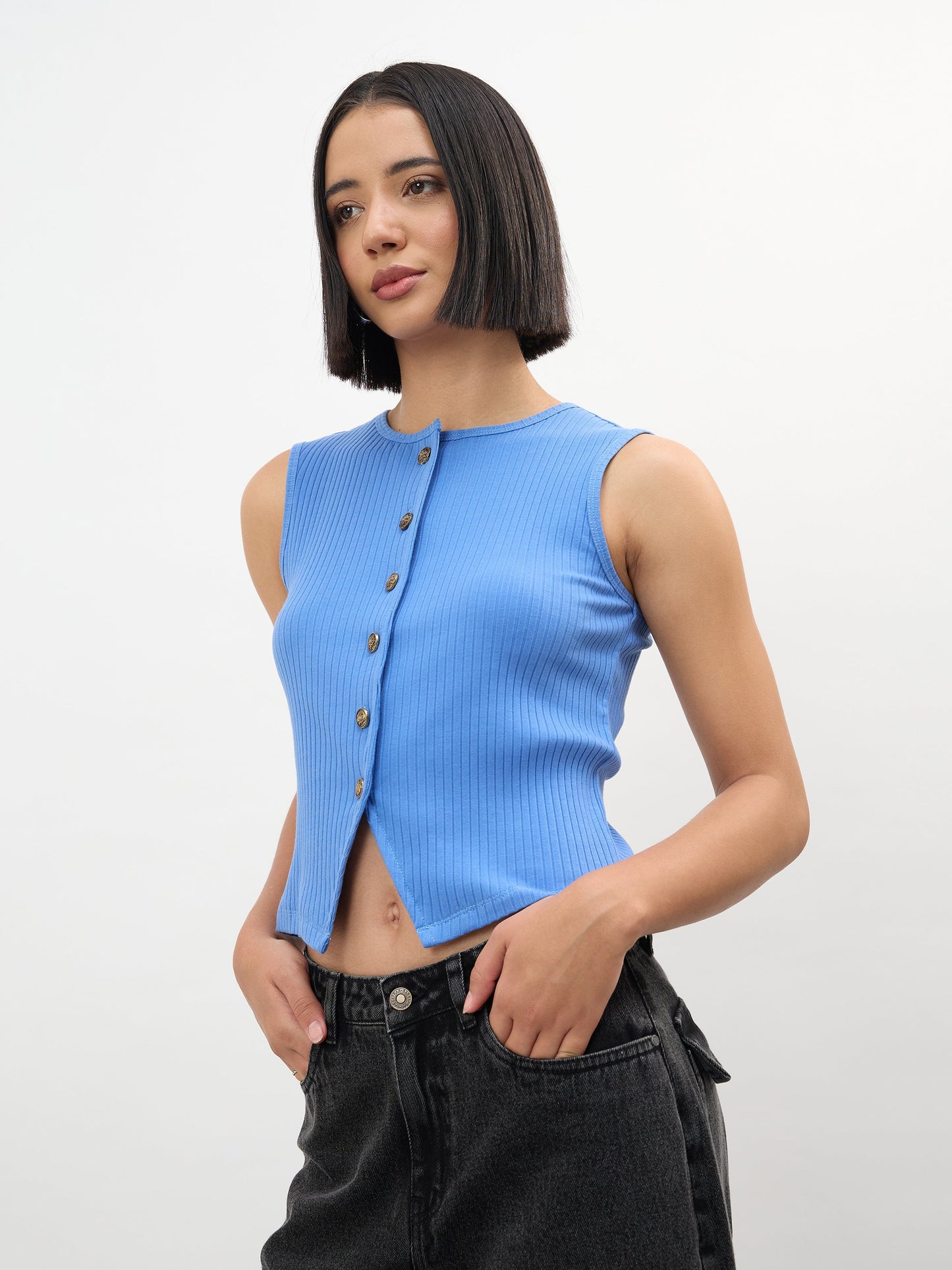 Blue Round Neck Button Down Sleeveless Top