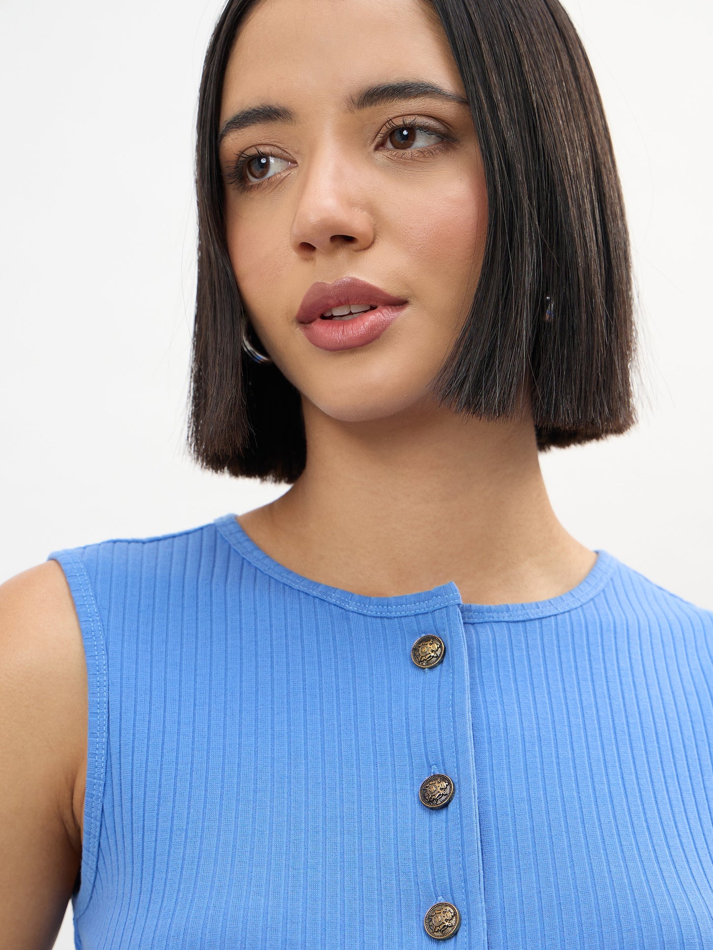 Blue Round Neck Button Down Sleeveless Top