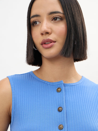 Blue Round Neck Button Down Sleeveless Top